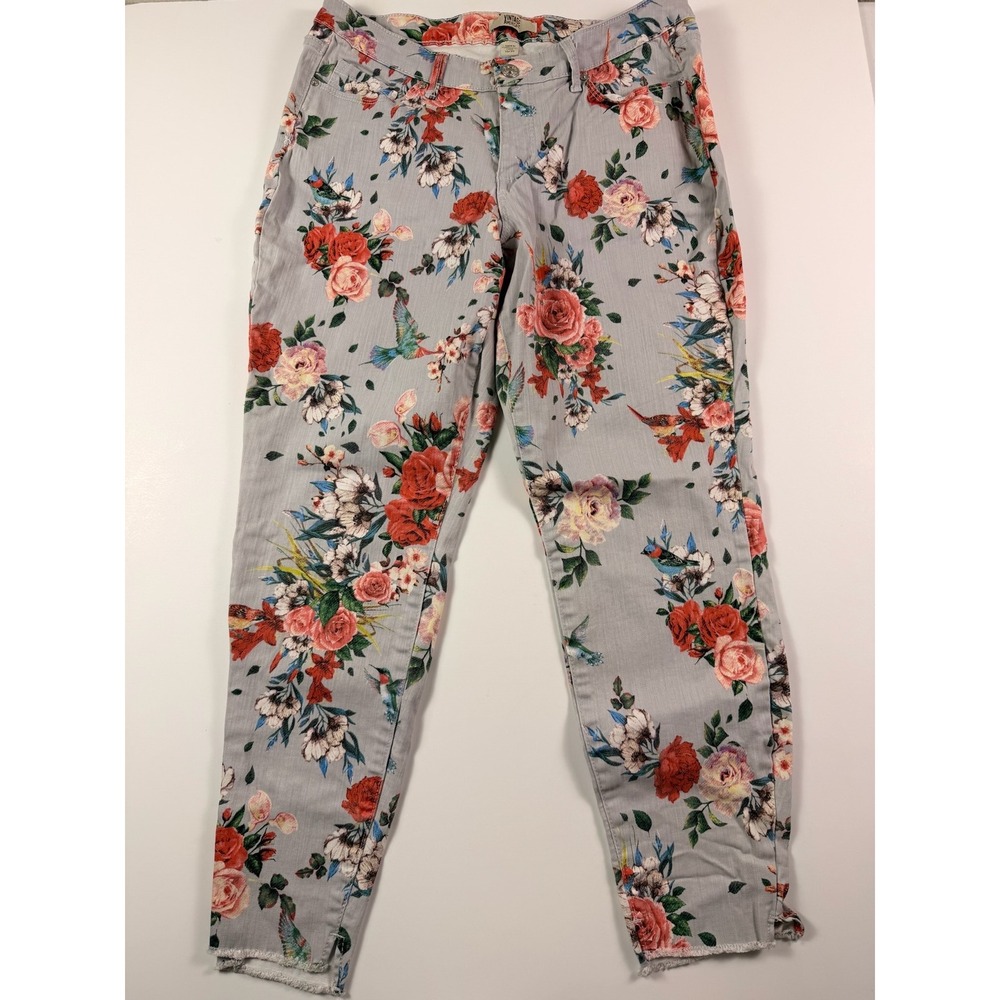 Vintage America Boho Skinny Ankle Floral Hummingbird Gray Pants Womens 10/30